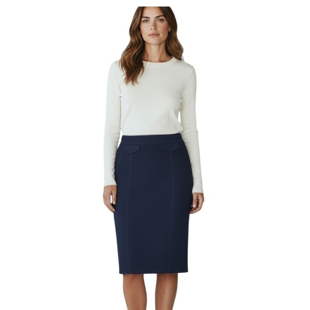 St John Pique Knit Pencil Skirt Womens Large Navy Blue Knee Length NWT 2025